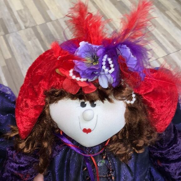 Red Hat Society Doll purple dress red fancy hat with feather farmhouse vintage - Picture 3 of 7
